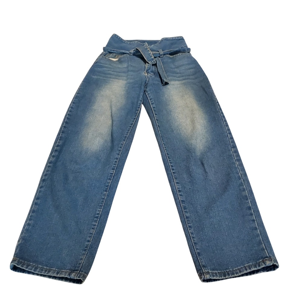 High Waisted Paperbag Fold Over Waist Straight Leg Jeans Blue Medium Wash 29